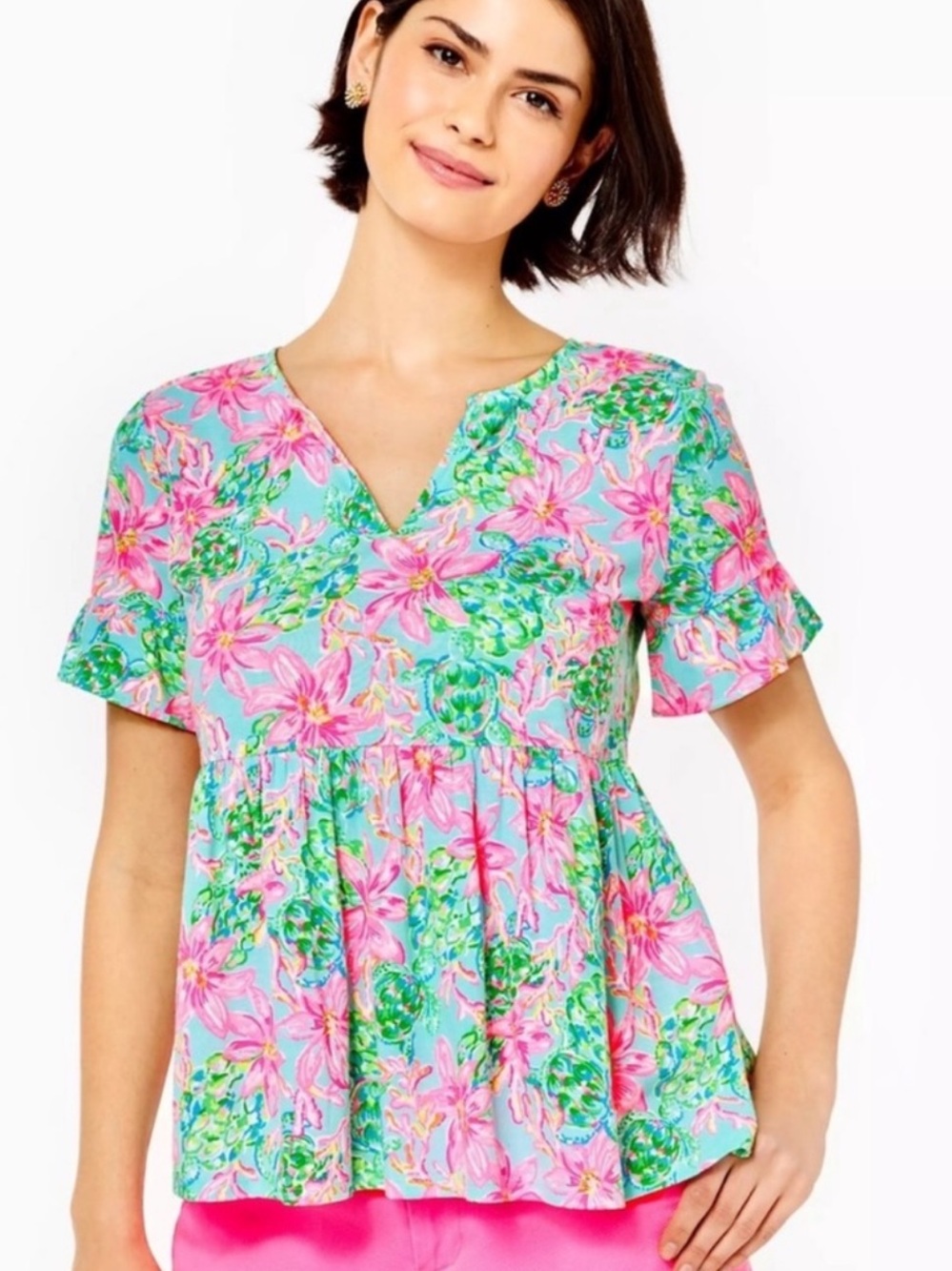 ☀️Lilly Pulitzer Jodee Swing Top Sea Turtle Pink Floral Peplum Blouse S 🏝️